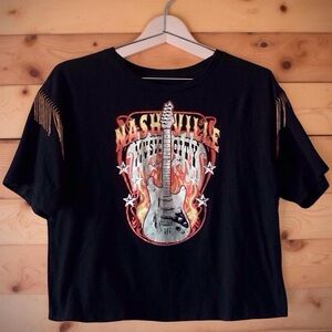 Nashville Music City Black Fringe Top Women’s Large country music graphic Tee